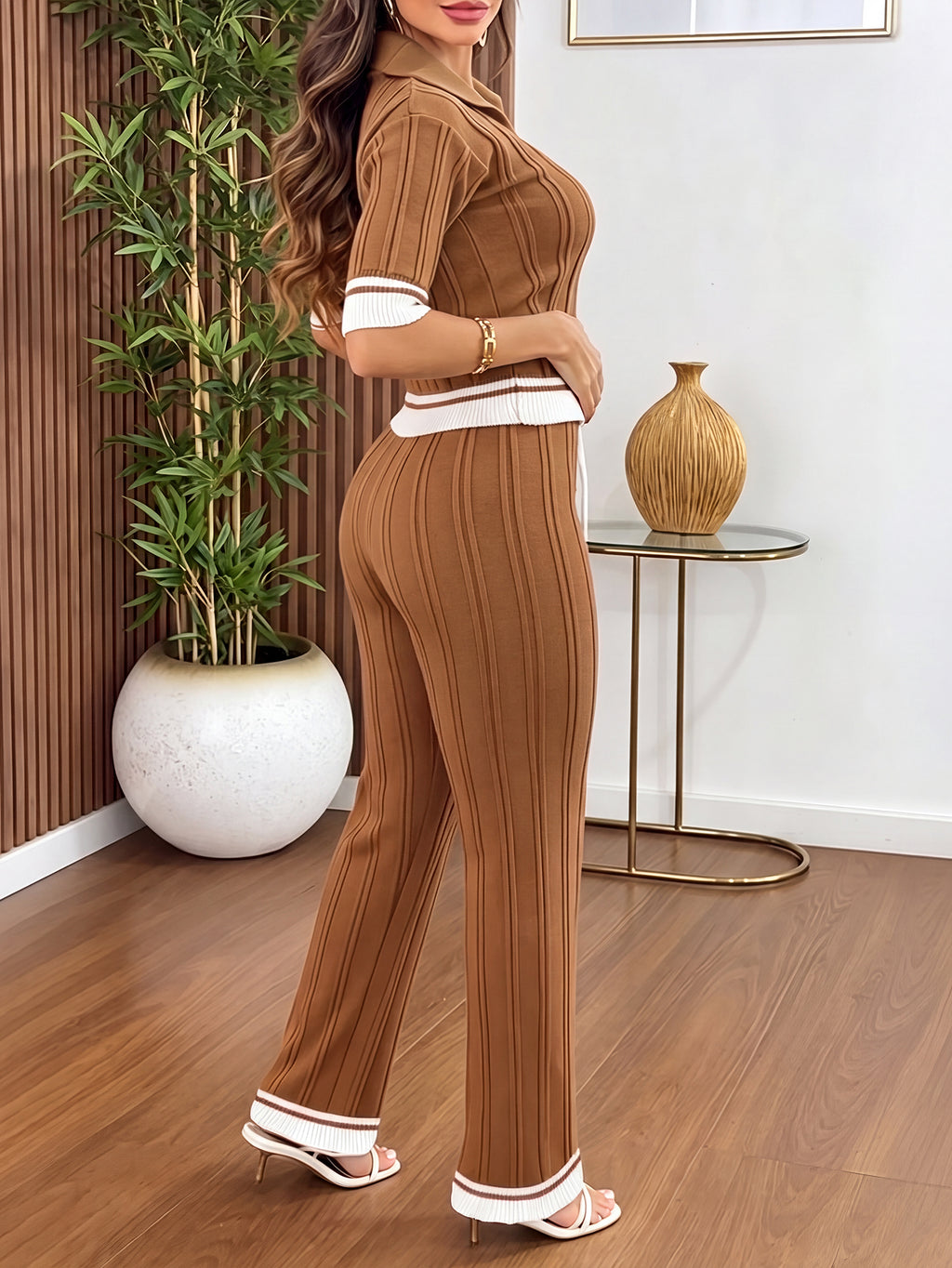 CHICME ESSENCE Women's Two Piece Knit Set Contrast Binding Short Sleeve and Drawstring Straight Leg Pants Casual Lounge Set