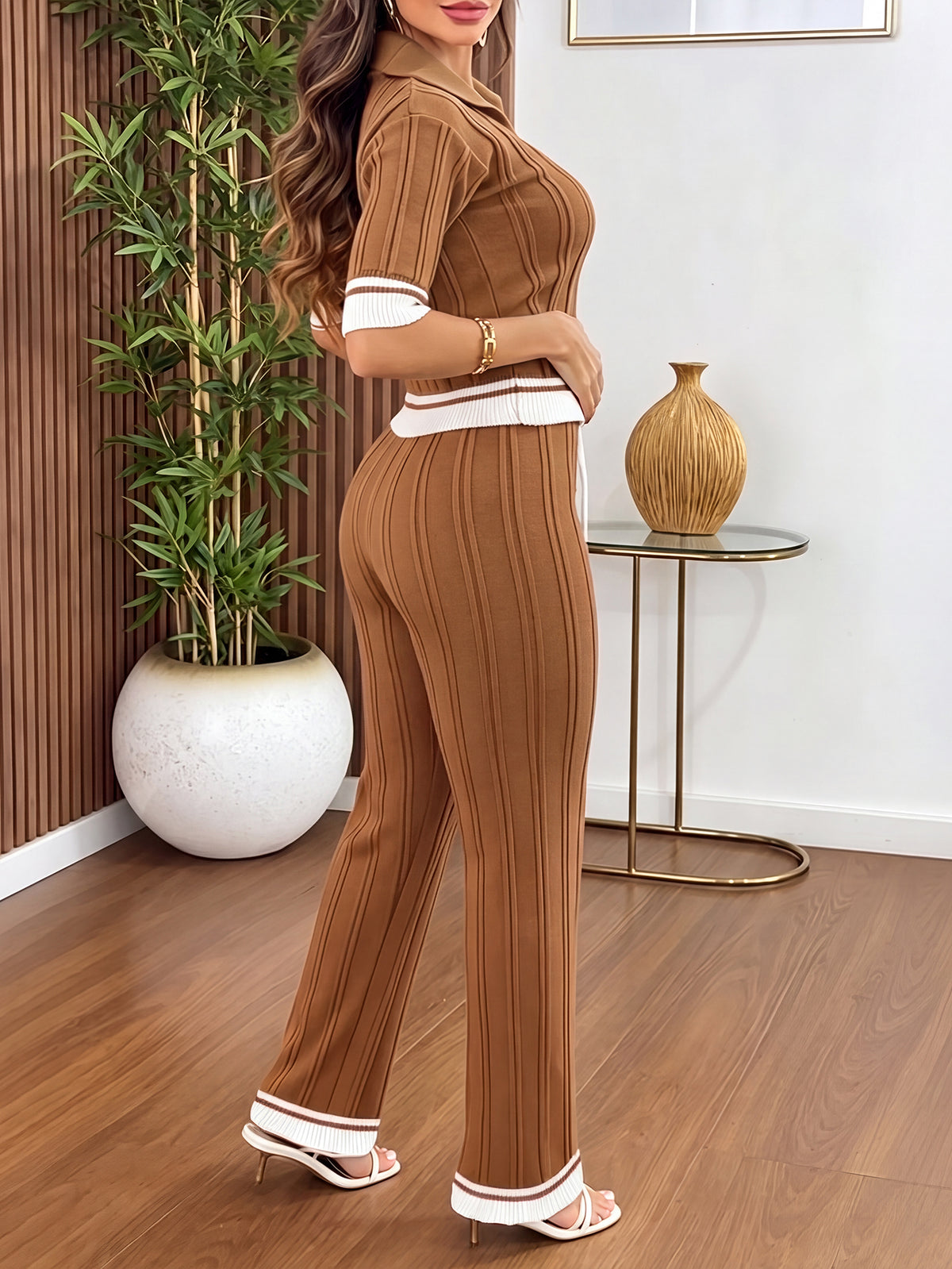 CHICME ESSENCE Women's Two Piece Knit Set Contrast Binding Short Sleeve and Drawstring Straight Leg Pants Casual Lounge Set