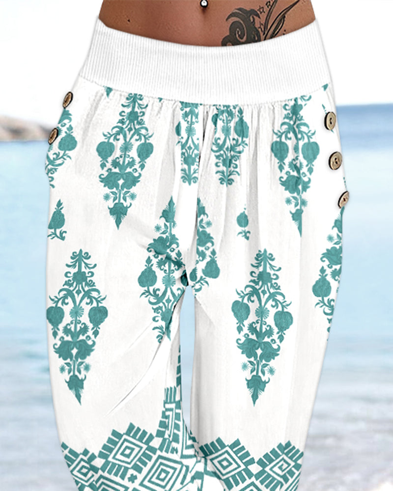 Tribal Print Low Waist Button Decor Capris Pants Vintage Pants with Pocket