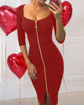 Square Neck Half Sleeves Bodycon Dress Full Front Zip Split Midi Dress