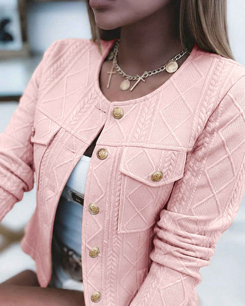 Women's French Style Cropped Jacket Round Neck Gold Button Coat Argyle Cable Jacquard Knit Outerwear