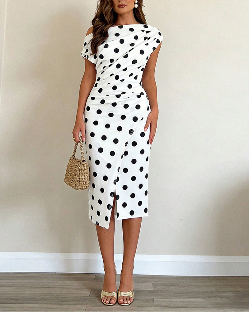 Polka Dot Print Skew Neck Ruched Mid-length Dress Elegant Wrapped Slit Dress