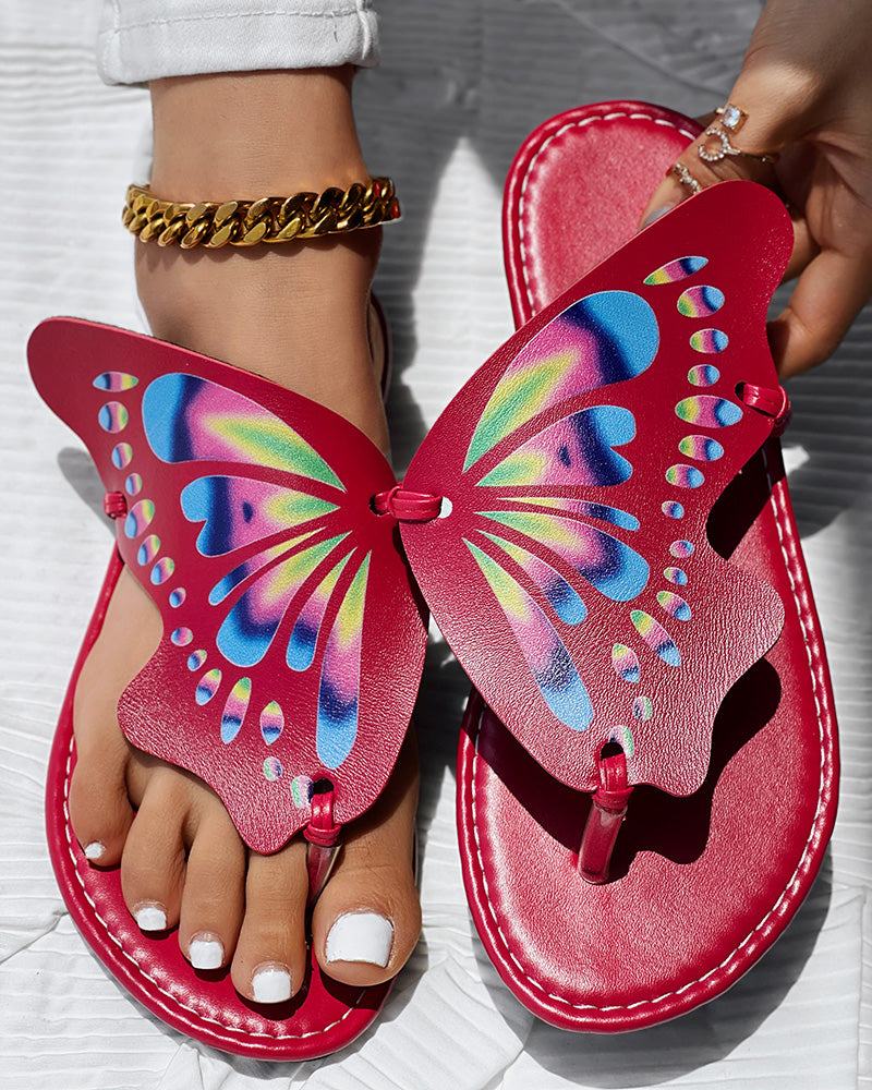 Colorblock Butterfly Print Toe Post Slippers