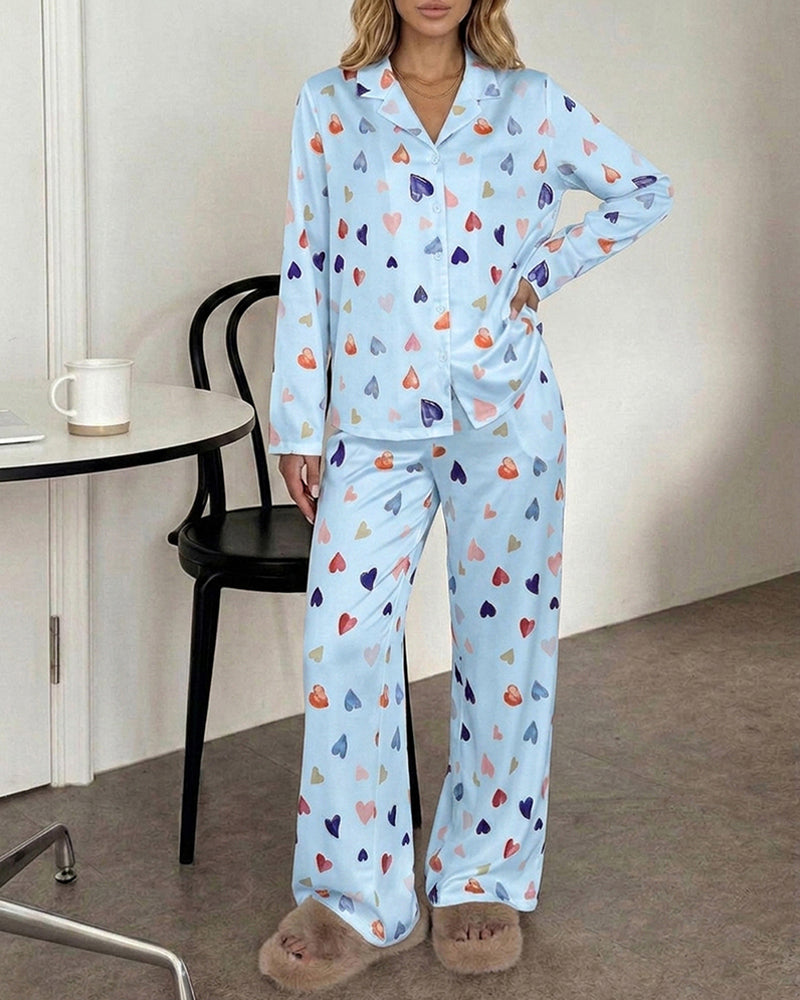 CHICME ESSENCE Women's Colorful Heart Print 2 Piece Pajama Set Long Sleeve Button Down Top and High Waisted Pants Casual Lounge Sets