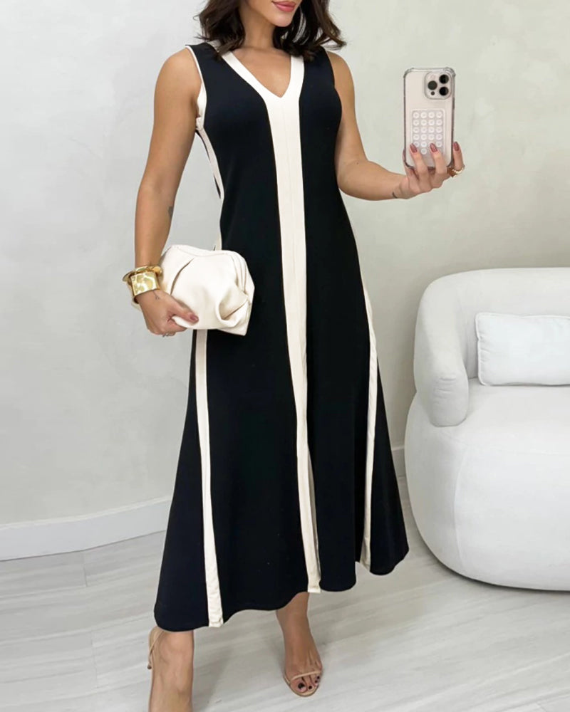 Colorblock Spliced Deep V-Neck Sleeveless Slit Front Dress Casual Loose Fit A Line Dress
