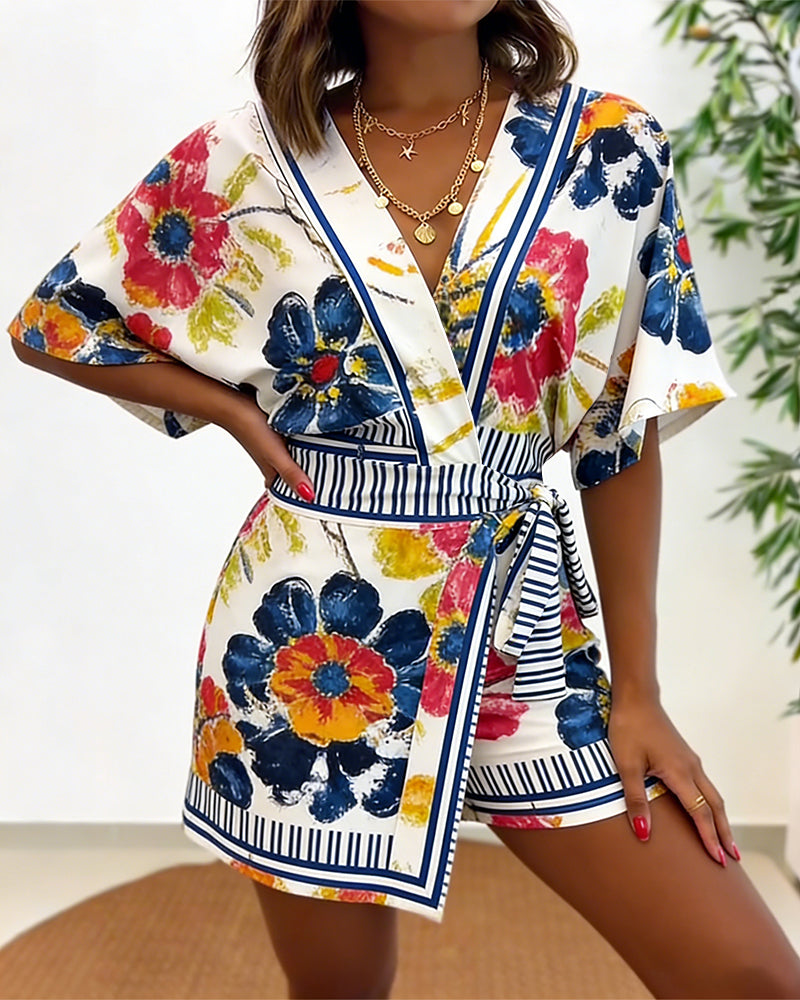 Women's Oil Painting Floral Print Romper V Neck Wrap Knot Side Jumpsuit Half Sleeve Beach Vacation Summer Skorts Romper