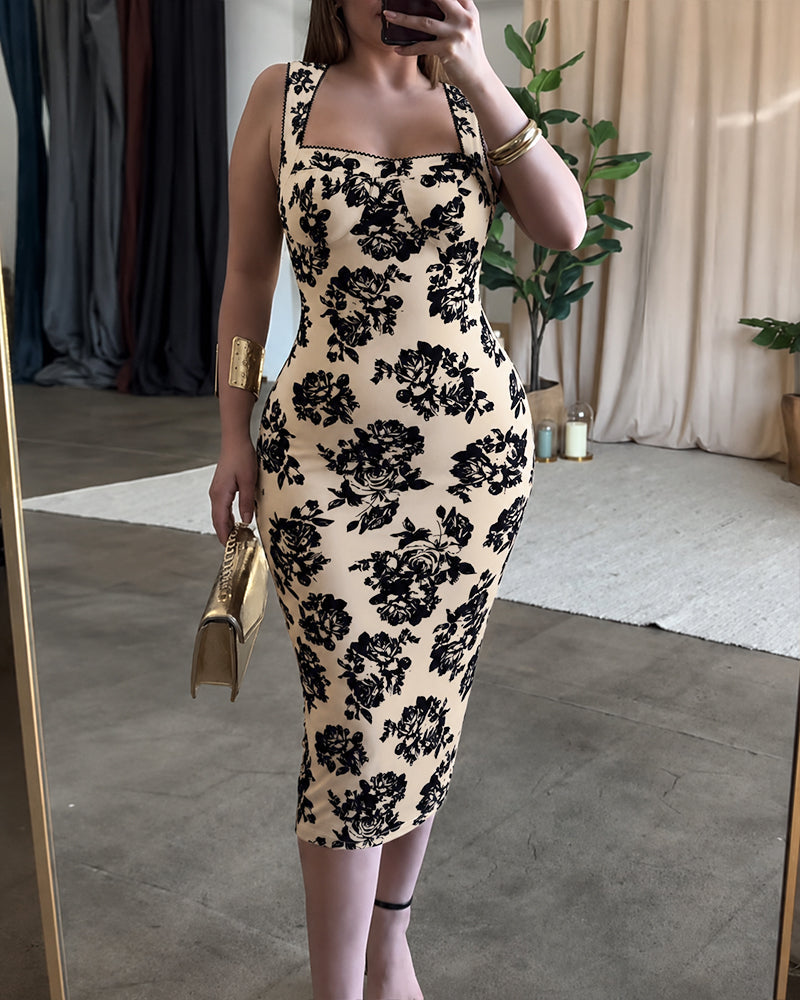 Women's Vintage Flocking Rose Midi Dress Square Neck Sleeveless Bodycon Dress Elegant Club Party Gown