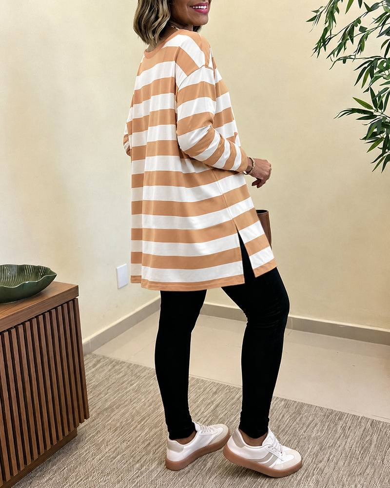 Women's Striped T Shirt Long Sleeve Drop Shoulder Crewneck Tee Side Slit Casual Loose Fit Top
