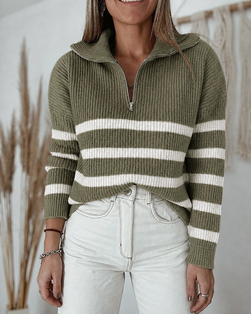 Women's Half Zip Striped Sweater Colorblock Turn-down Collar Knit Pullover Drop Shoulder Loose Fit Top