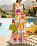 Women's Watercolor Floral Mesh Ruched Maxi Dress Sleeveless Flowy Vacation Dress