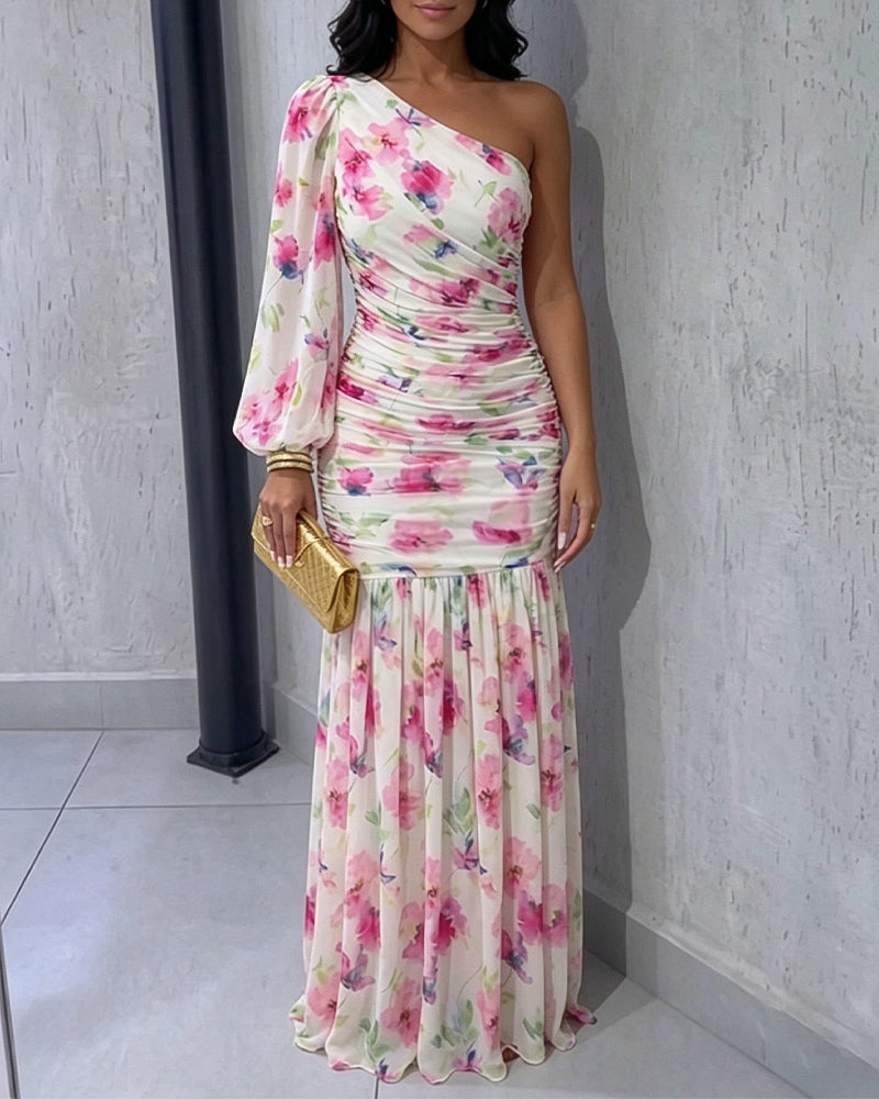 Women's Floral One Shoulder Evening Dress Elegant Lantern Sleeve Ruched Maxi Gown Casual Sheer Mesh Mermaid Dress