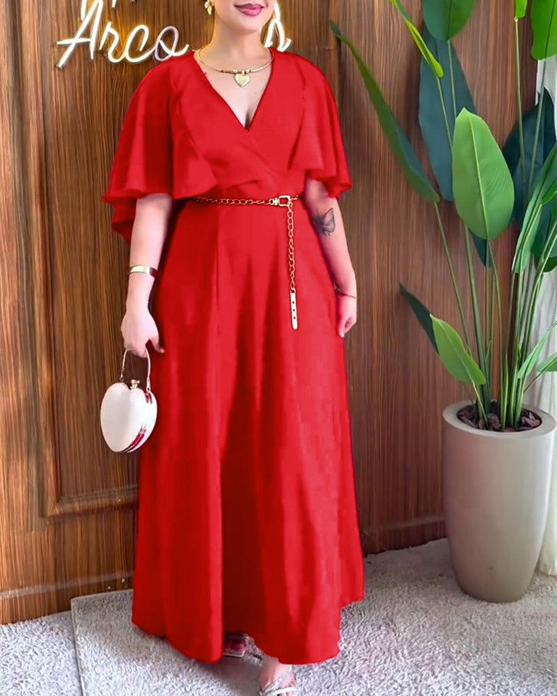 Overlap V-Neck Asymmetrical Ruffles Cape Design Cinched Waist Maxi Dress Elegant Shirred Back Evening Dress without Belt