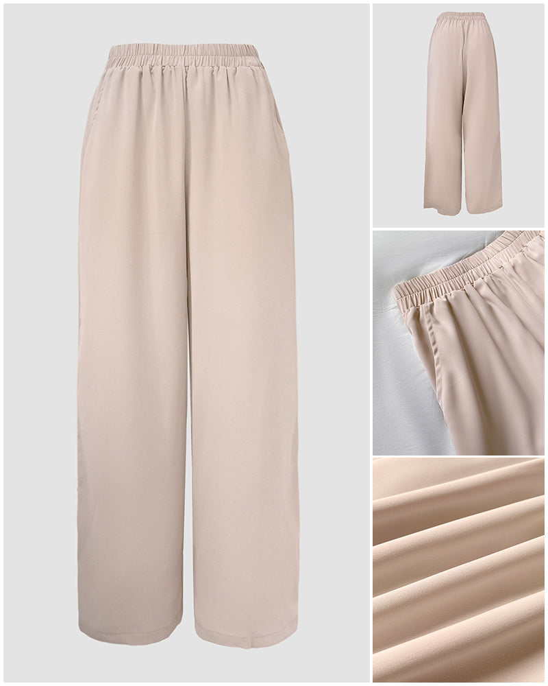 2 Pieces Outfit Elegant Pearl Embellished Split Sleeve Top and Casual Wide Leg Pants Set