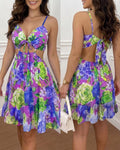 Women's Floral Print Sweetheart Neck Vacation Dress Sexy Cutout Backless A-Line Sundress Casual Tied Detail Cami Dress
