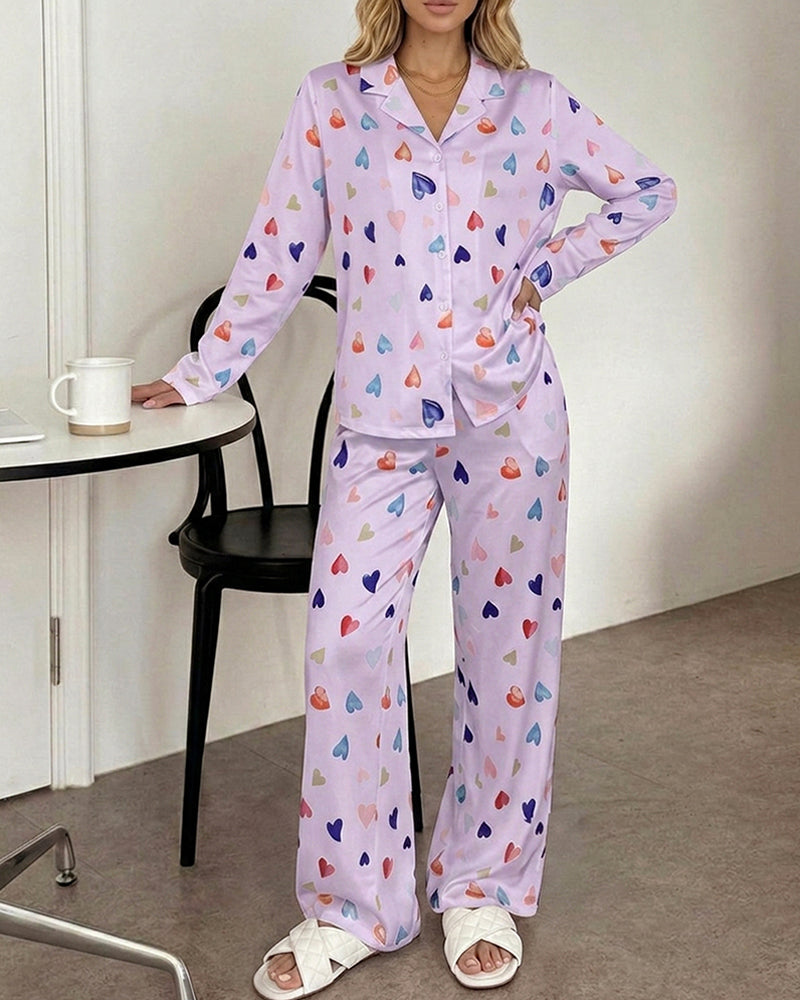 CHICME ESSENCE Women's Colorful Heart Print 2 Piece Pajama Set Long Sleeve Button Down Top and High Waisted Pants Casual Lounge Sets
