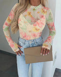 Women's French Style Watercolor Floral Print Mesh Top Long Sleeve Sheer Blouse See Through Slim Fit Tee with Thumbholes