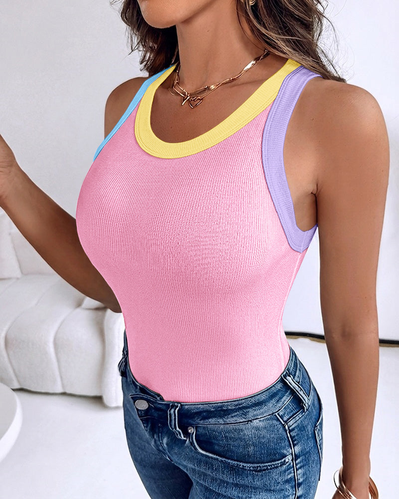 Women's Contrast Trim Ribbed Tank Top Slim Fit Sleeveless Round Neck Basic Camisole for Streetwear & Layering