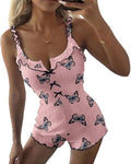 CHICME ESSENCE Ditsy Floral Print Notch Neck Adjustable Spaghetti Straps Contrast Piping Trim Romper Slim Fit Bowknot Decor Ruffles Spliced Backless Jacquard Textured Pajama Romper