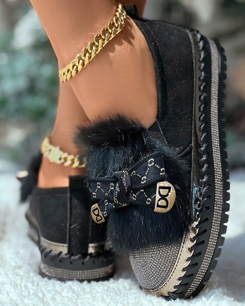 Rhinestone Bowknot Design Platform Fuzzy Slip-On Loafers