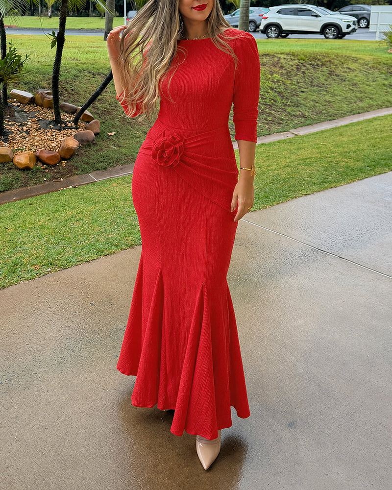 Women's 3D Floral Twist Mermaid Maxi Evening Gown Elegant Three Quarters Sleeve Bodycon Party Dress