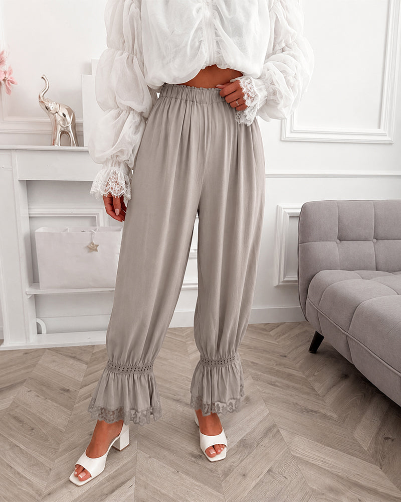 Women's Lace Patchwork Pants Elastic High Waist Hollow Out Ruffle Hem Lantern Trousers Casual Loose Lounge Pants