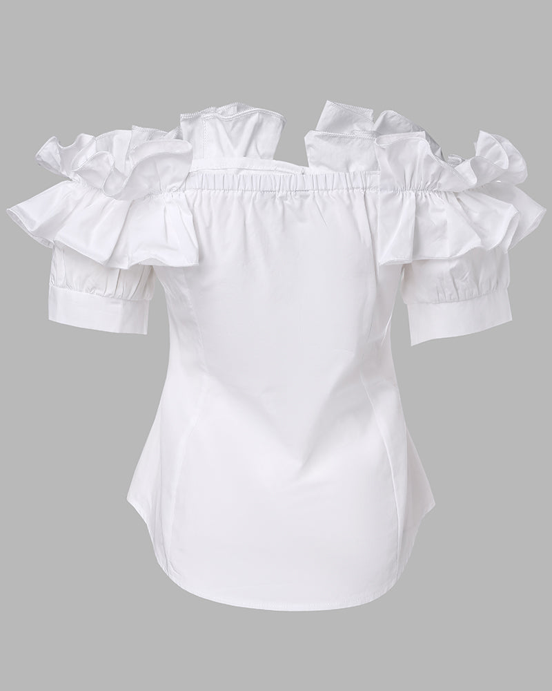Ruffles Off Shoulder Short Sleeve Button Front Blouse Asymmetrical Hem Top