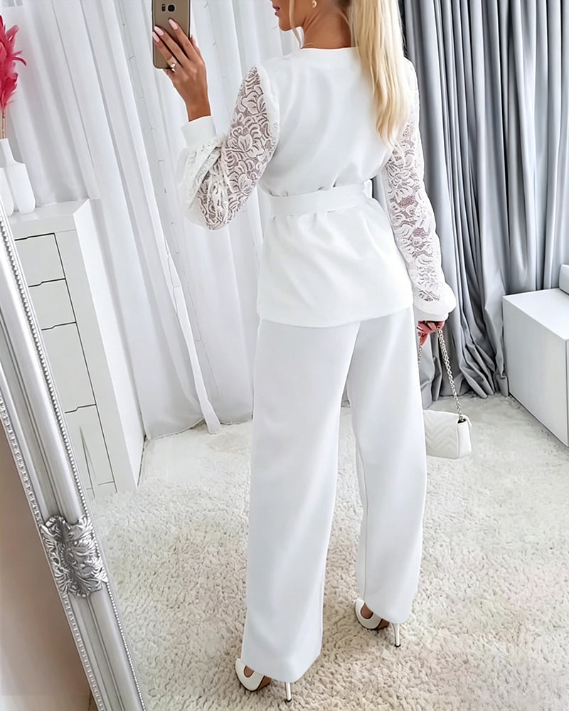 Women's Two Piece Outfits V-Neck Lace Long Sleeve Top and Wide Leg Pants Set Elegant Matching Set with Belt