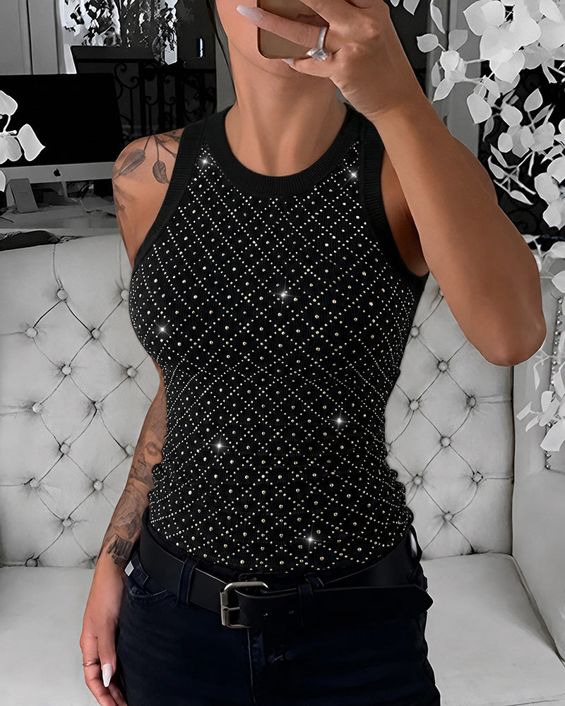 Women's Rhinestone Argyle Pattern Ribbed Tank Top Slim Fit Top
