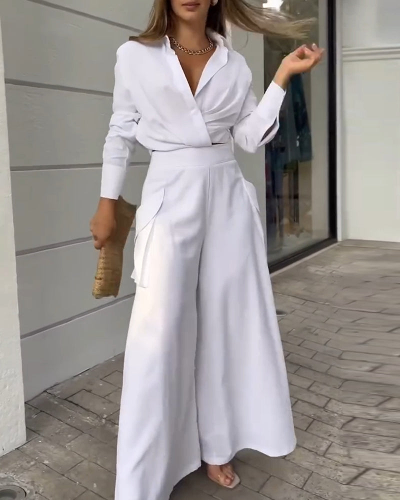 2 Pieces Outfit Turn-down Collar Long Sleeve Ruched Stretchy Hem Crop Top and Casual Elastic Back Waist Pockets Design Wide Leg Pants Set