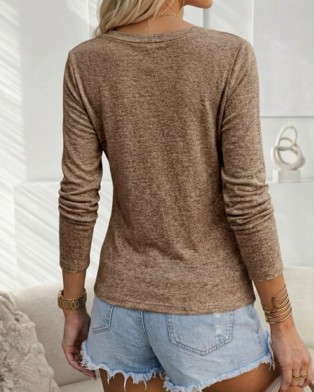 CHICME ESSENCE Women’s V-Neck Knit Top Long Sleeve Slim Fit Tee Button Decor Chest Pocket Casual Soft Pullover Shirt
