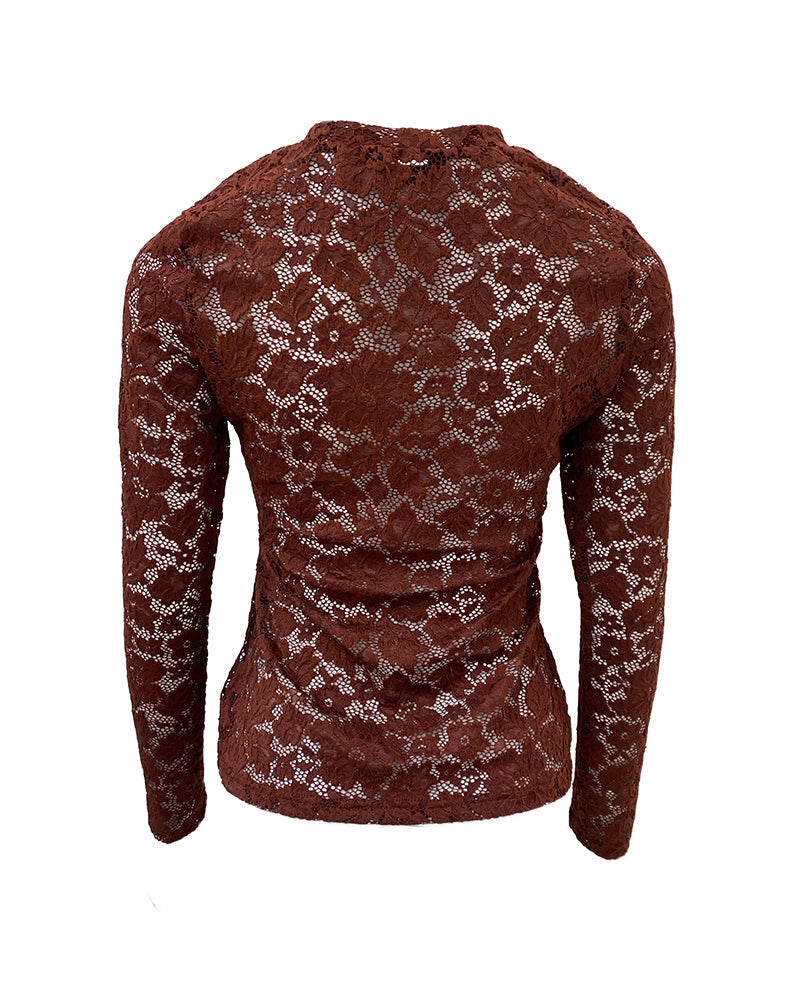 Women's Sexy Sheer Lace Top Long Sleeve O-Neck Slim Fit See-Through Elegant Blouse Base Layer Shirt