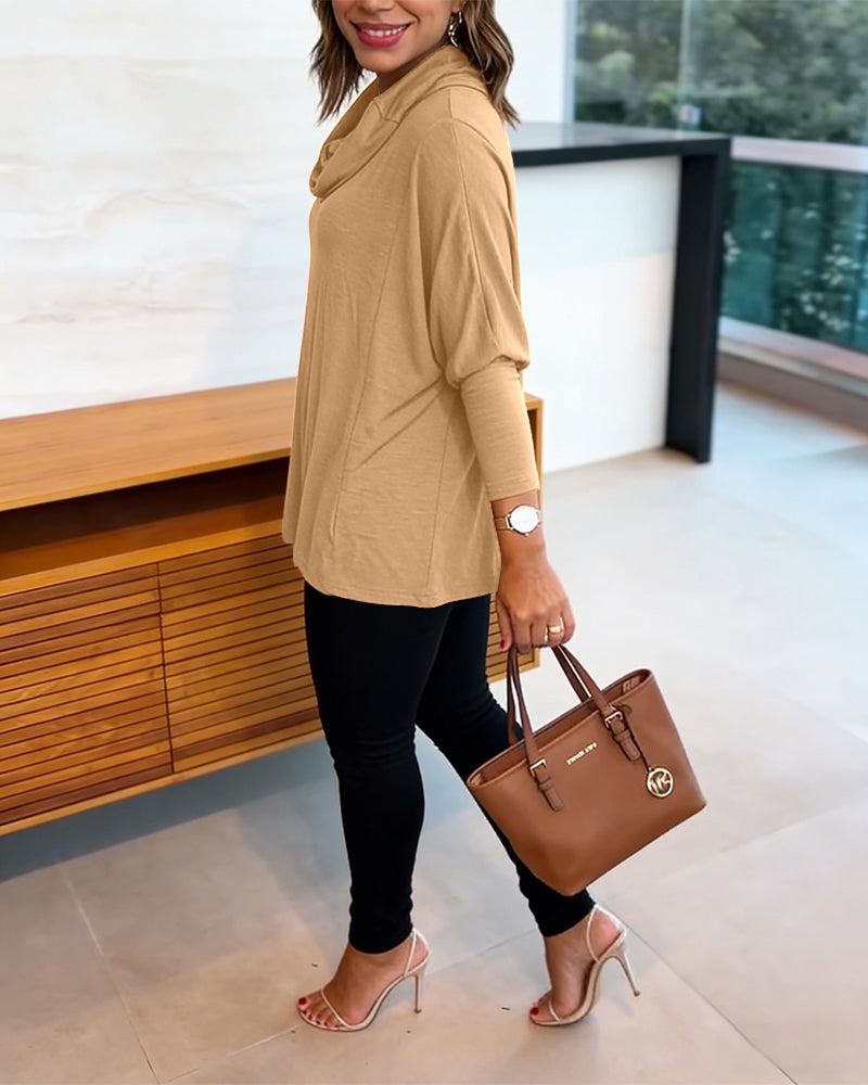 Women's Cowl Neck Batwing Sleeve Top Casual Long Sleeve Loose Pullover Comfortable Soft Drape Blouse