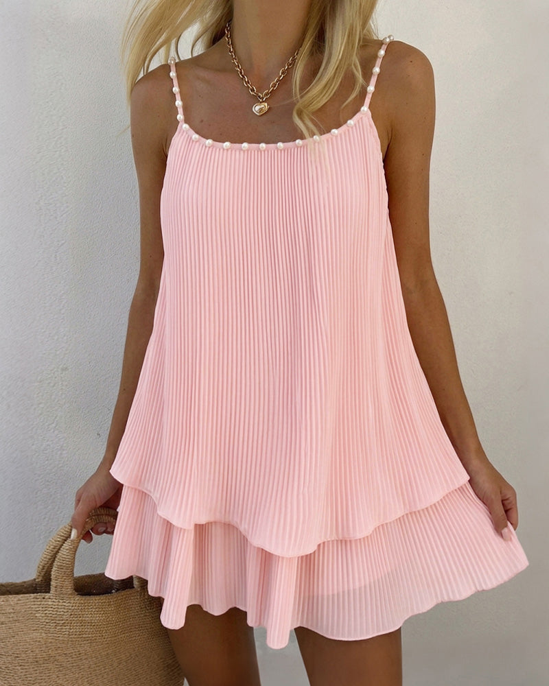 Women's Pearls Embellished Straps Mini Dress Backless Pleated Dress Casual Double Layer Lettuce Trim Cami Sun Dress