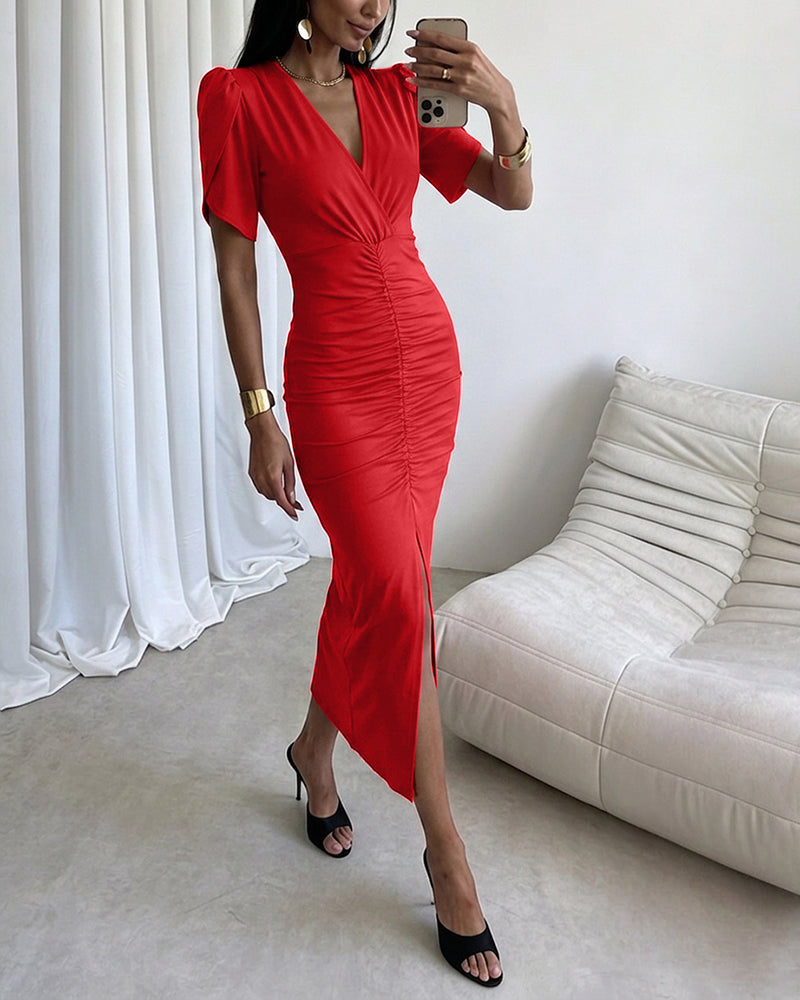 Women's Ruched V Neck Midi Dress Petal Short Sleeve Slit Party Gown Elegant Evening Dress
