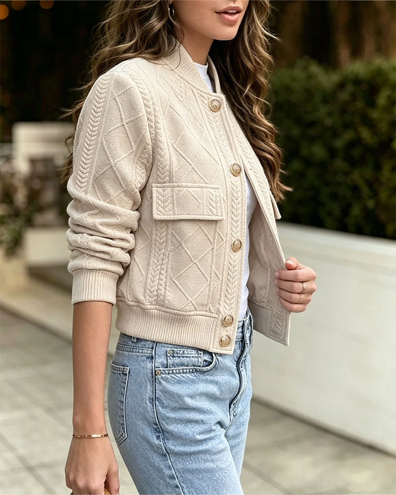 Women's Vintage Argyle Cable Knit Bomber Jacket Elegant Baseball Collar Button Down Cropped Coat with Flap Pockets