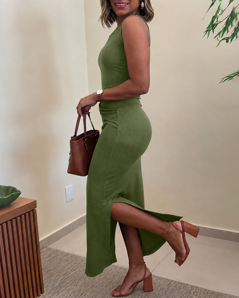 Women's Rib Knit Sleeveless Maxi Dress Ruched Gold Buckle High Waist Side Slit Bodycon Dress