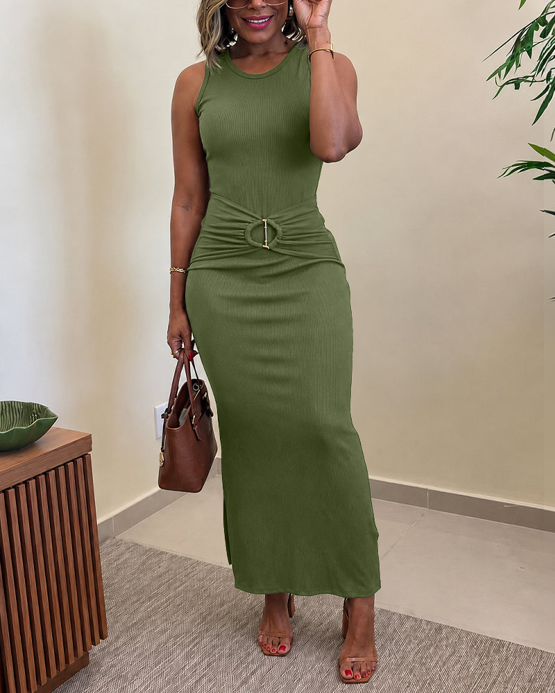 Women's Rib Knit Sleeveless Maxi Dress Ruched Gold Buckle High Waist Side Slit Bodycon Dress