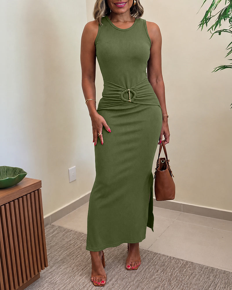 Women's Rib Knit Sleeveless Maxi Dress Ruched Gold Buckle High Waist Side Slit Bodycon Dress