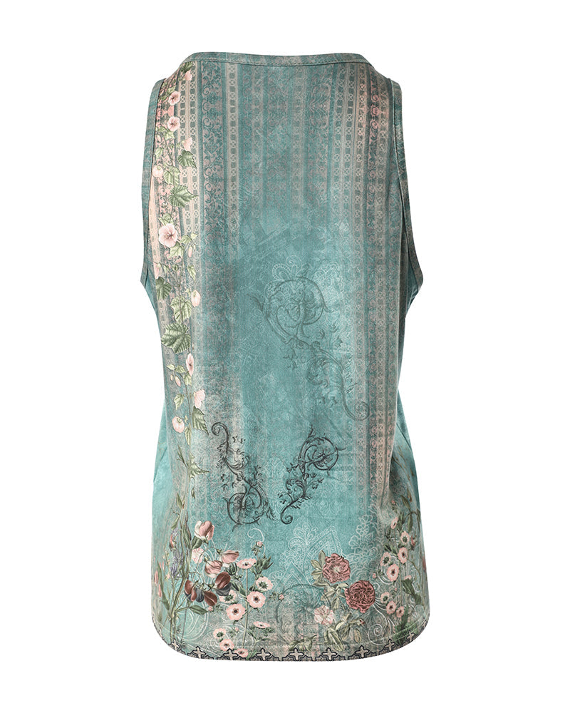 CHICME Women's Casual Floral Print Tank Top Sleeveless Notch Neck Vest with Rhinestone Accents