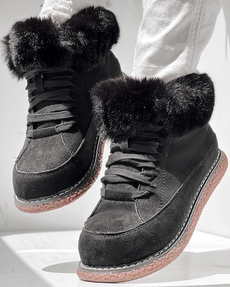Fuzzy Detail Lined Lace-up Snow Boots