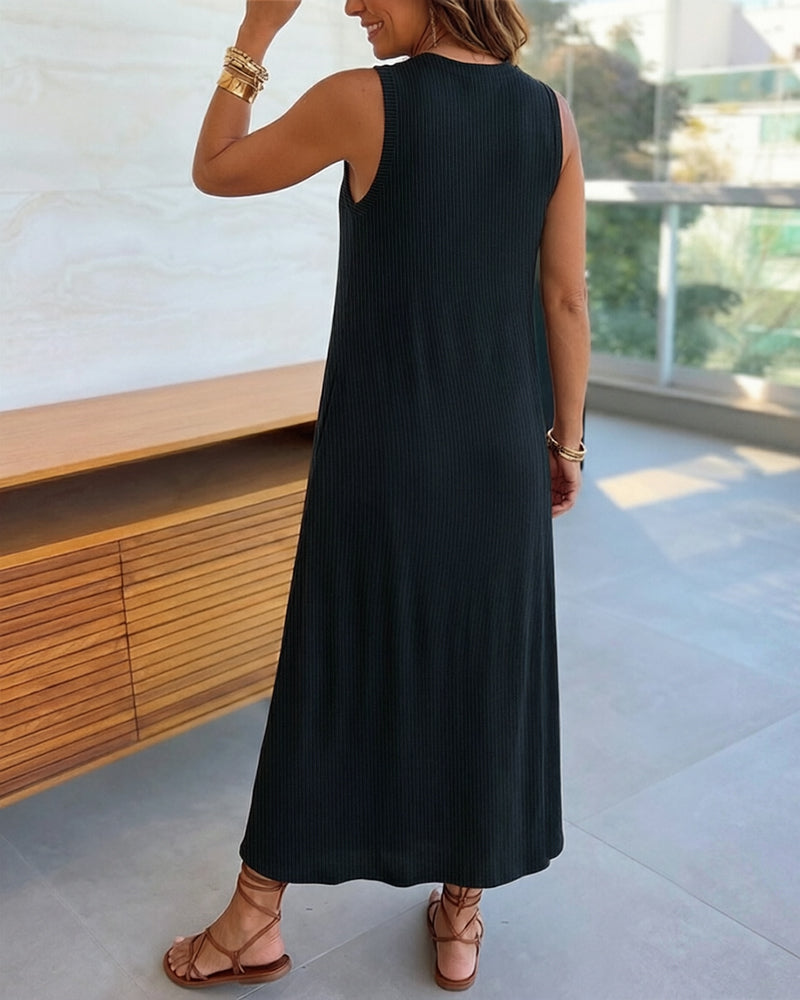 Women's Sleeveless Ribbed Knit Maxi Dress Loose A-Line Slit Tank Dress Casual Lounge Long Dress with Pockets