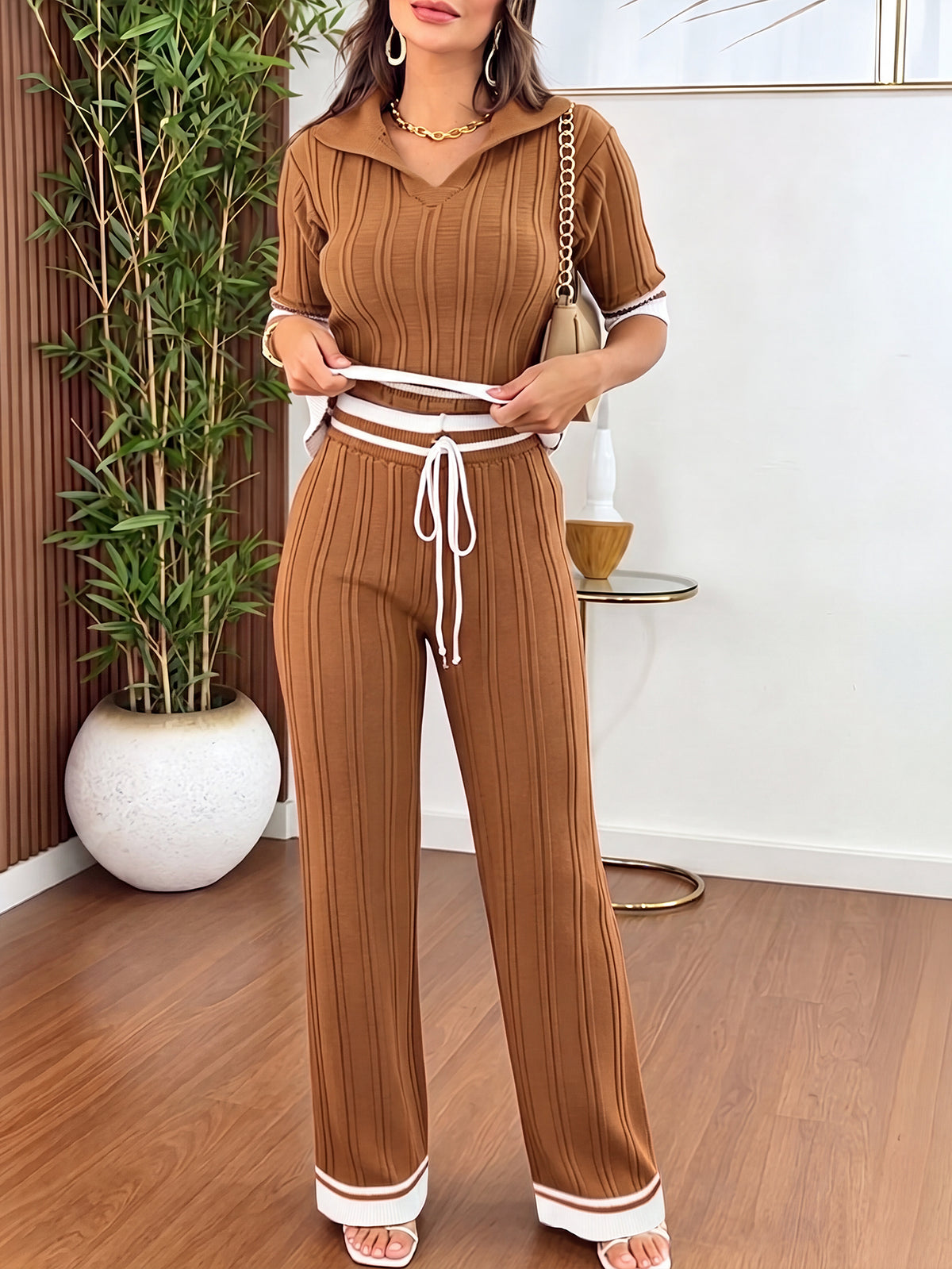 CHICME ESSENCE Women's Two Piece Knit Set Contrast Binding Short Sleeve and Drawstring Straight Leg Pants Casual Lounge Set
