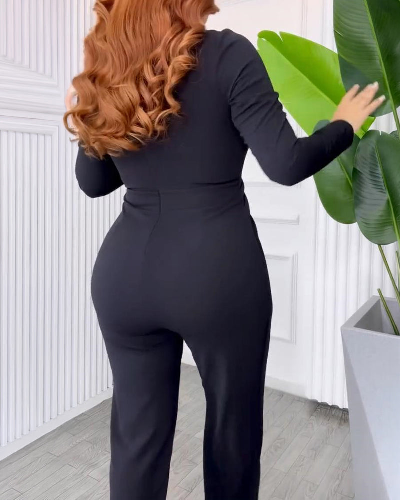 Women's Contrast Binding Faux Two-Piece Jumpsuit Elegant V Neck Wide Leg Overalls High Waisted Jumpsuits with Pockets