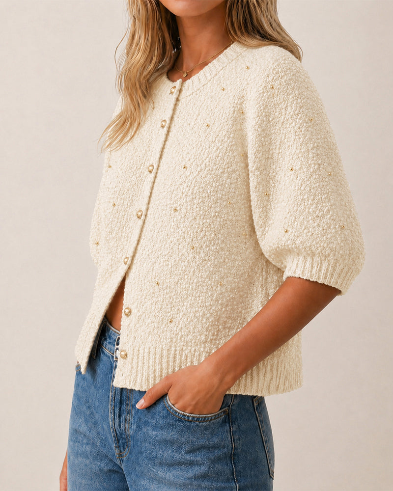Women's Boucle Knit Cardigan Gold Beaded Puff Sleeve Sweater Crewneck Button Up Elegant Crop Outerwear