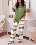2 Pieces Outfit Letter Print Round Neck Short Sleeve Top And Tie Dye Print Elastic Waist Loose Fit Pants Set Casual Pajamas Set