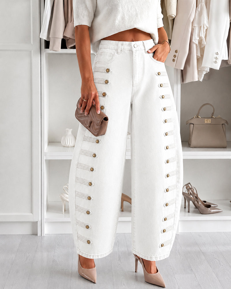 Women's Wide Leg Jeans High Waisted Side Button Denim Pants Distressed Washed Trousers Retro Y2K Streetwear
