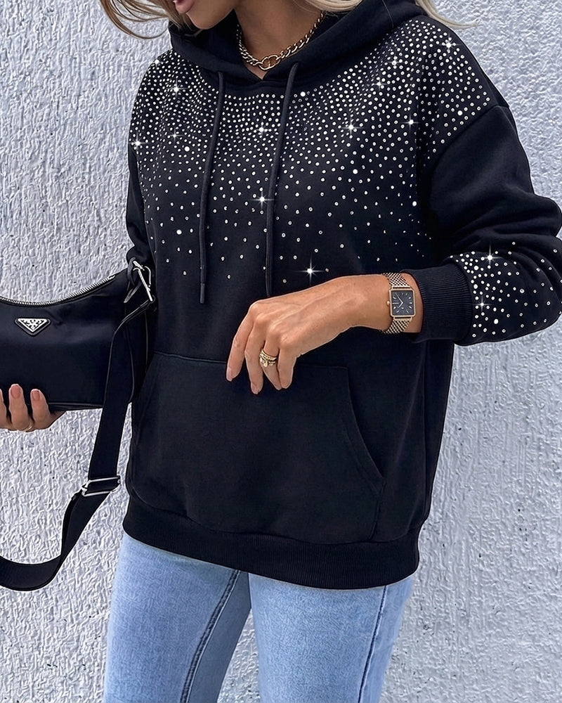 Women's Rhinestone Drawstring Hooded Sweatshirt Casual Sparkly Loose Fit Pullover