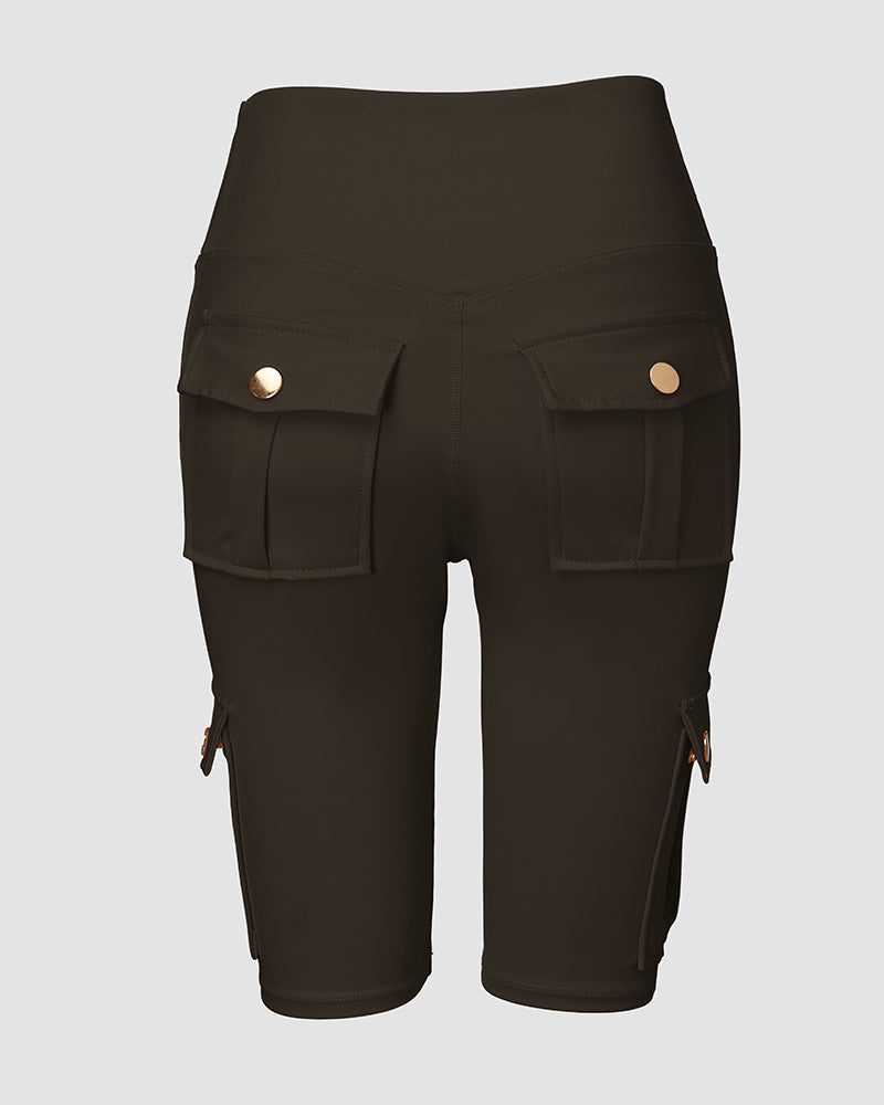 Tummy Control Butt Lifting Active Shorts High Waist Flap Pocket Workout Bermuda Cargo Running Shorts