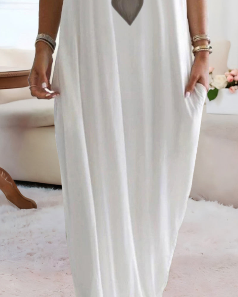 Heart Print Skew Neck Short Sleeve Maxi Dress Casual Pockets Design Loose Fit Loungewear Dress