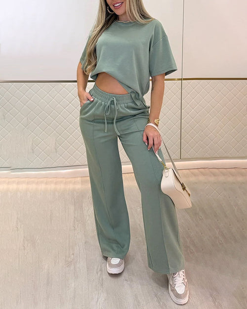 2 Pieces Outfit O-neck Short Sleeve Side Slit Top and Casual Drawstring Elastic Waist Seam Front Wide Leg Pants Set